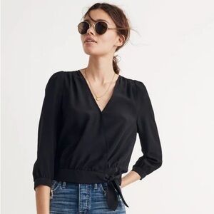 Madewell Black Silk Long Sleeve Wrap Top (Small)